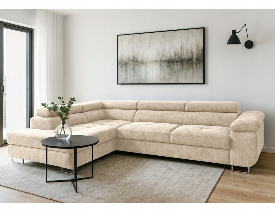 Krémový rohová sedací souprava s funkcí spaní Avesta, levý, na vysokých nožkách do obývacího pokoje