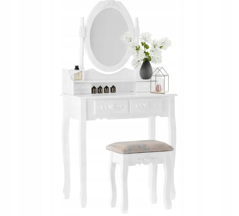 TOALETKA Z LUSTREM I TABORETEM BIAŁA TOALETKA KOSMETYCZNA STYL VINTAGE