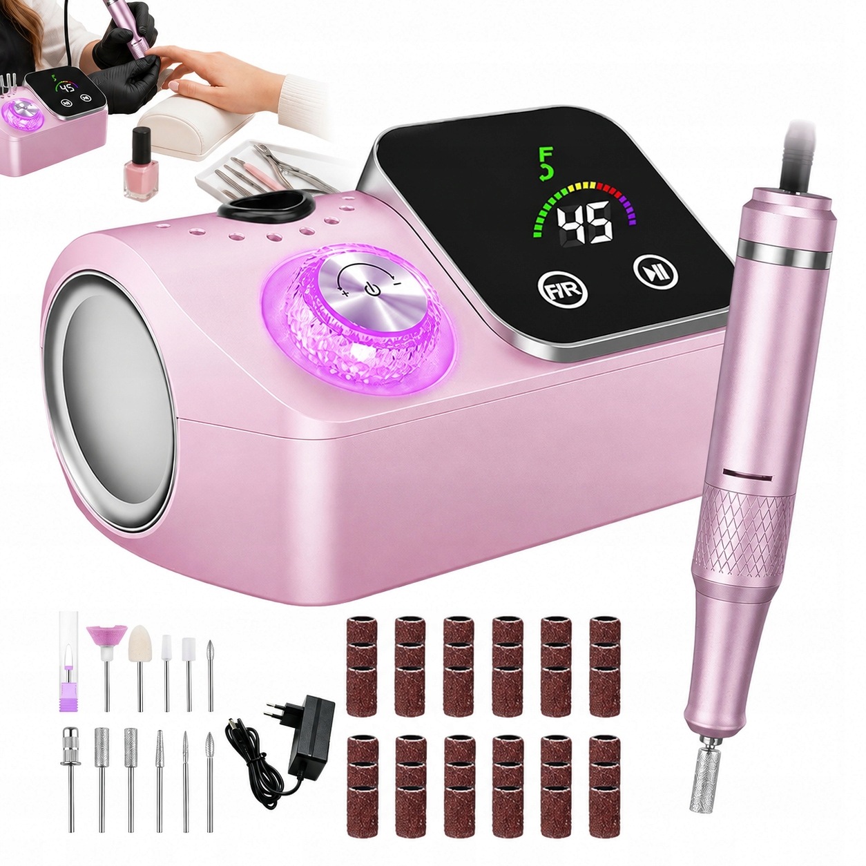 Bruska Na Nehty 45000 Rpm S Manikúrou 12 Frézek LCD Usb Růžová