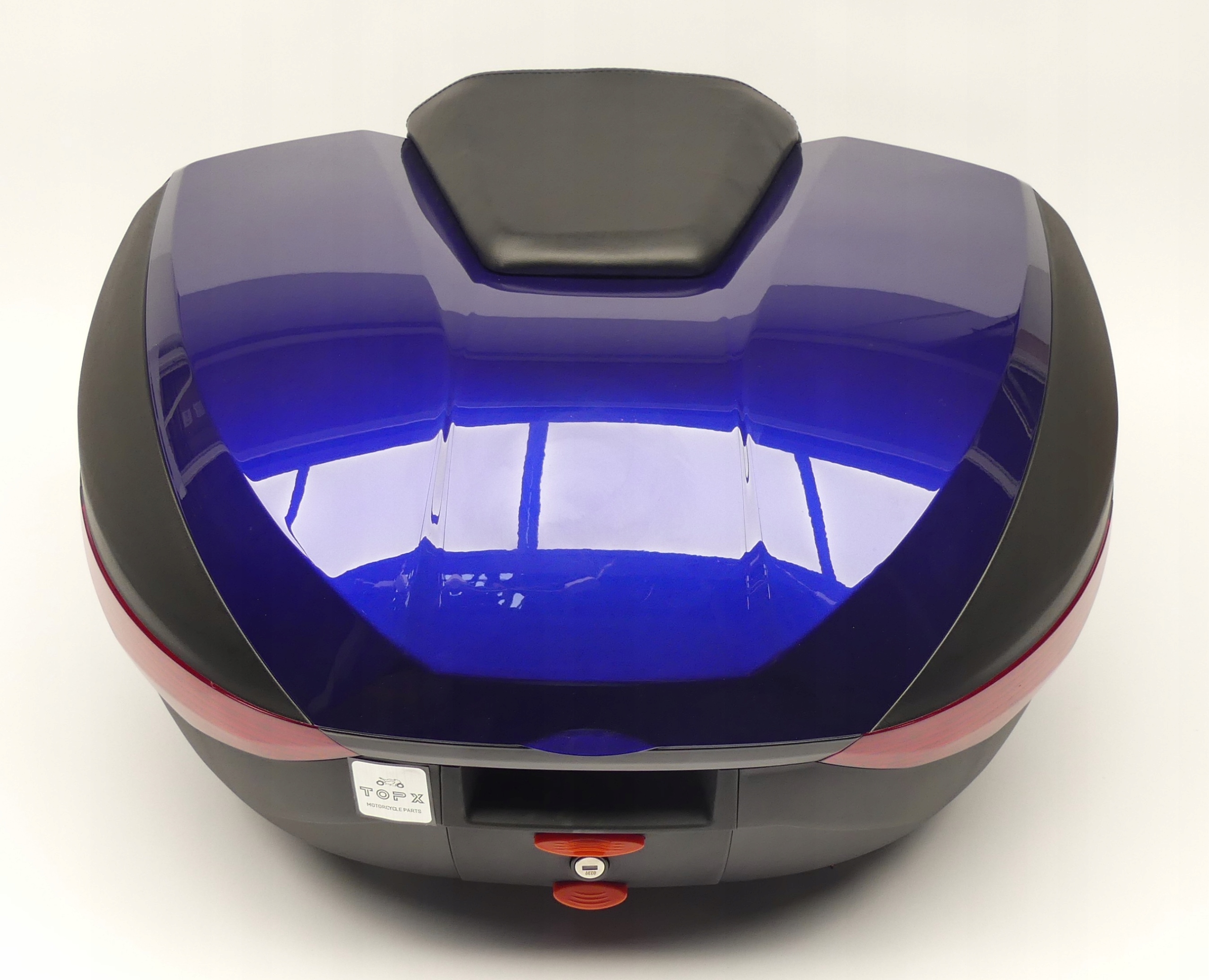 Motocyklový kufr Centrální opěradlo 72L modré světlo Stop 2 helmy TopX