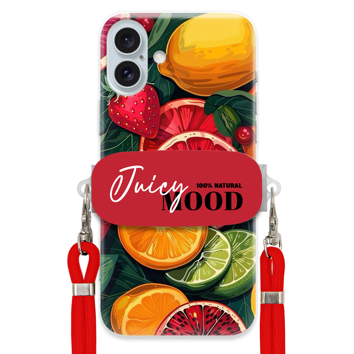 Pouzdro pro iPhone 16 Plus Červené vodítko Crossbody+ Držák Juice Mood Ovoce