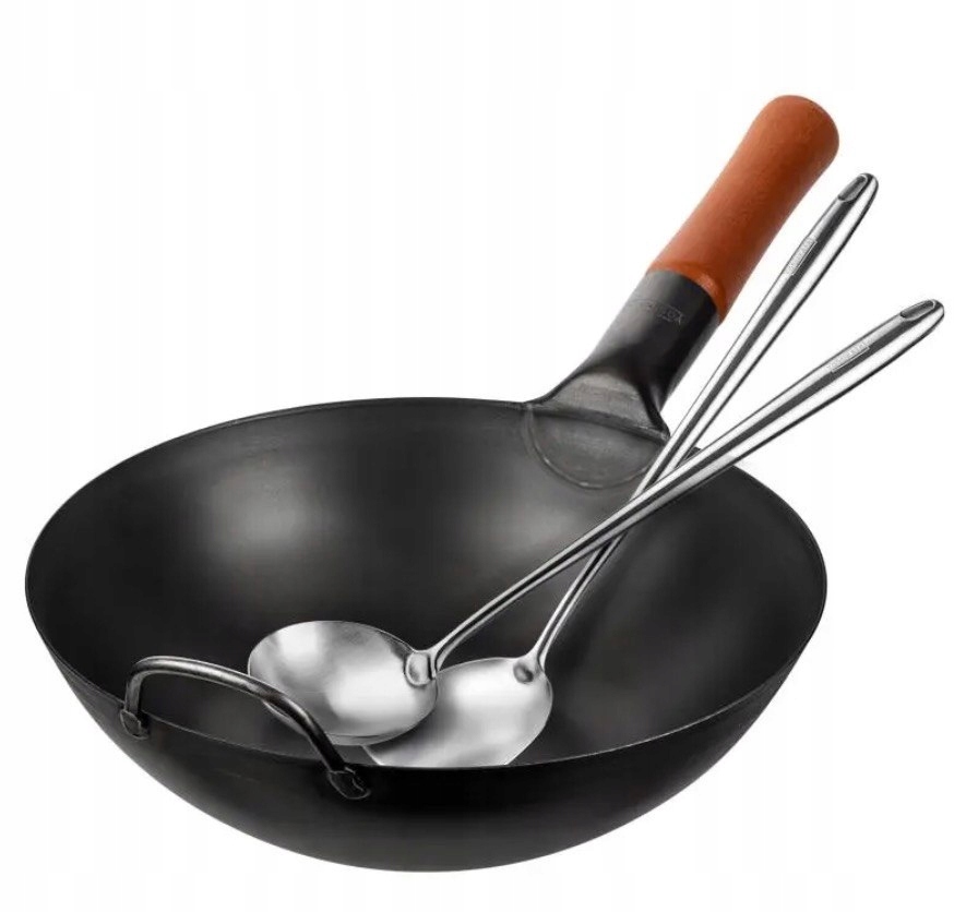 Yosukata Sada Wok 34 cm uhlíková oceľ príslušenstvo wok lopatka lyžica váza