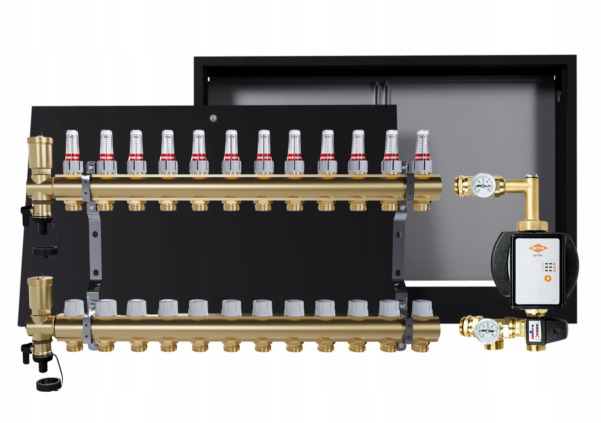 Rozdělovač pro podlahu 12 okruhů s čerpací skupinou Wita nástěnná skříňka