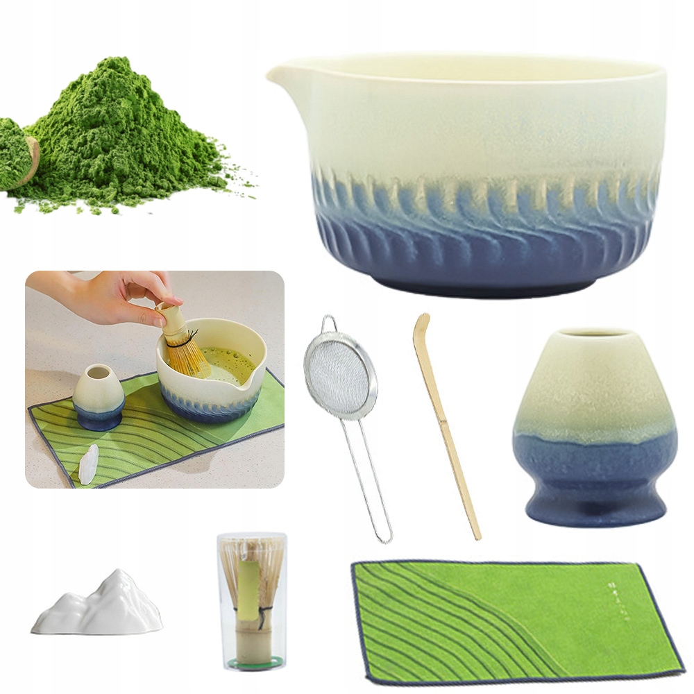 Zestaw Do Matcha 7 Elementów Ceramiczny Bambusowy Z Miską Miotełką Sitkiem