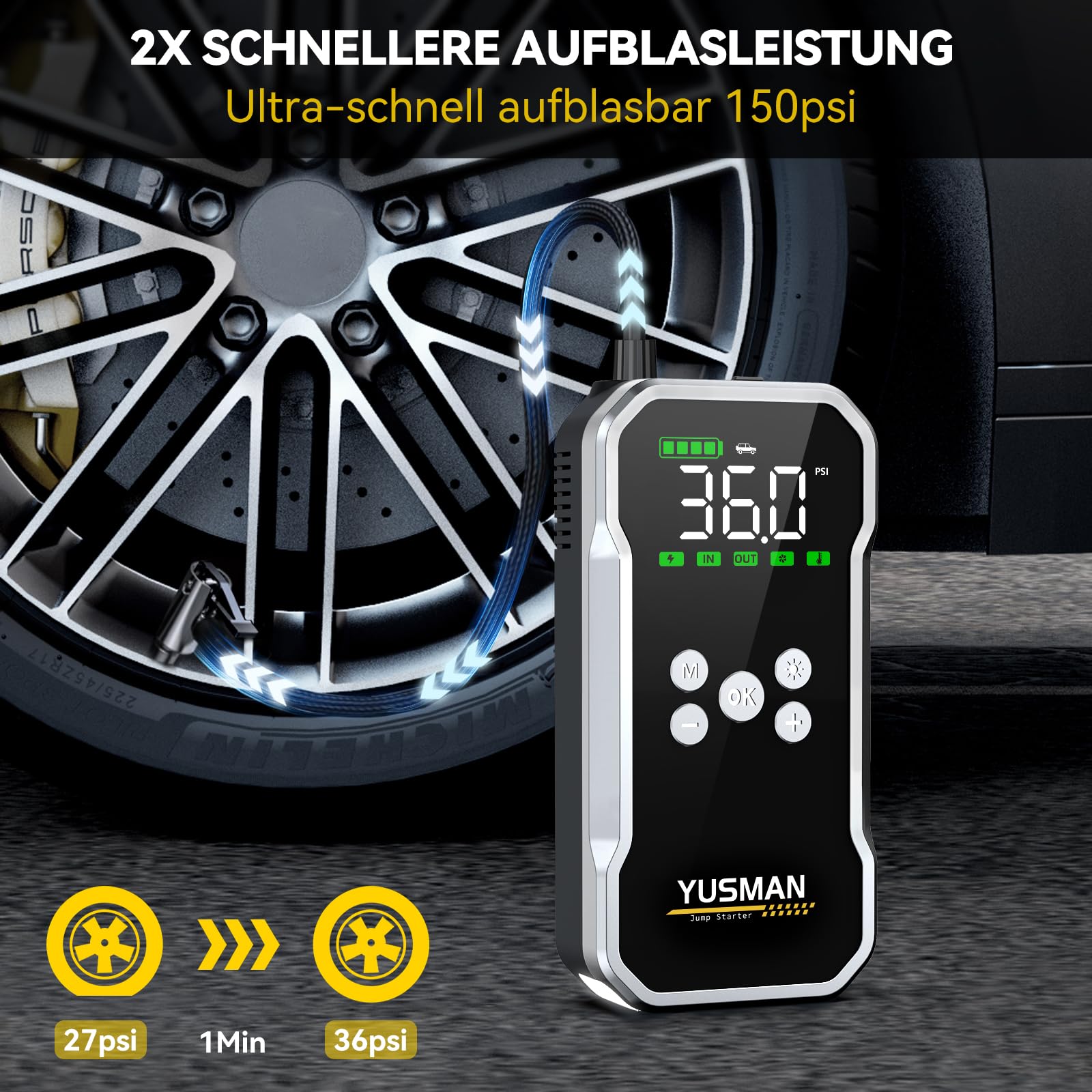 YUSMAN Powerbank Z Rozruchem I Kompresorem 6000A 150PSI Latarka LCD — miniatura 3