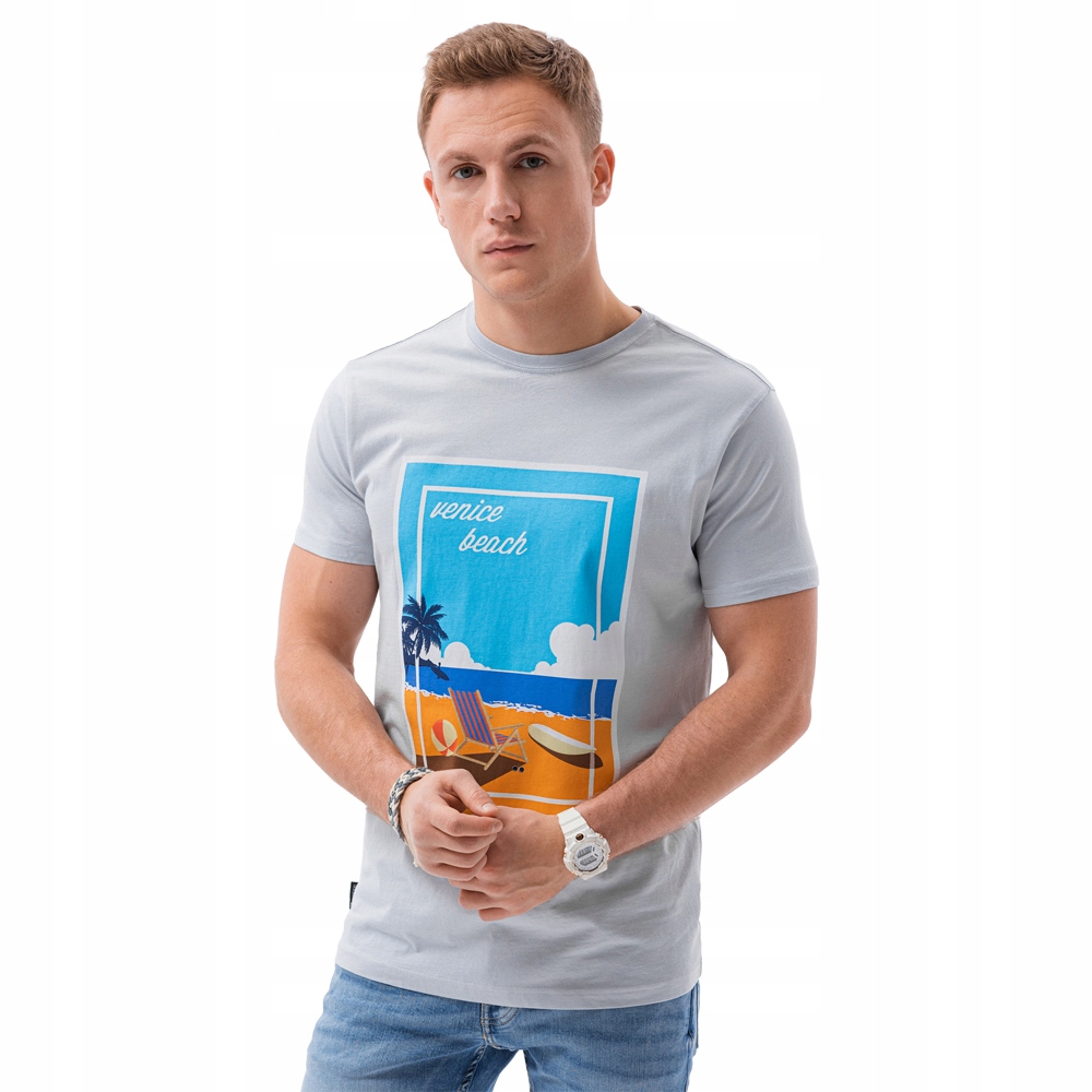 

T-shirt męski z nadrukiem S1434 V-3B błękitny XL