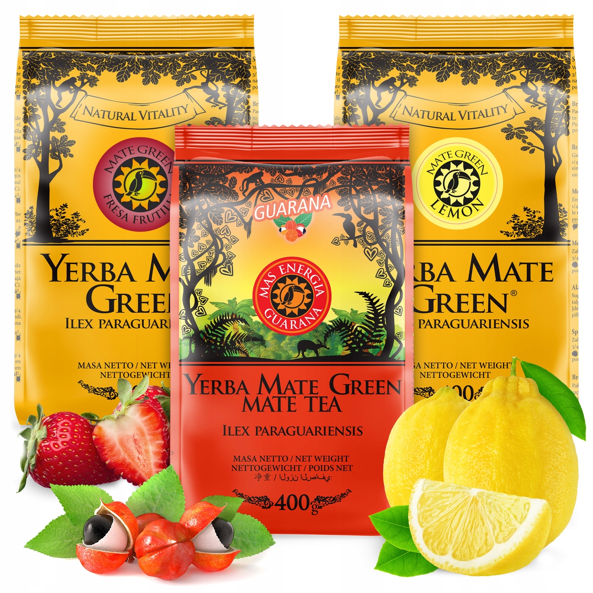 Sada Yerba Mate Green Ovocná Guarana Jahoda Limon 3x400g 1,2kg