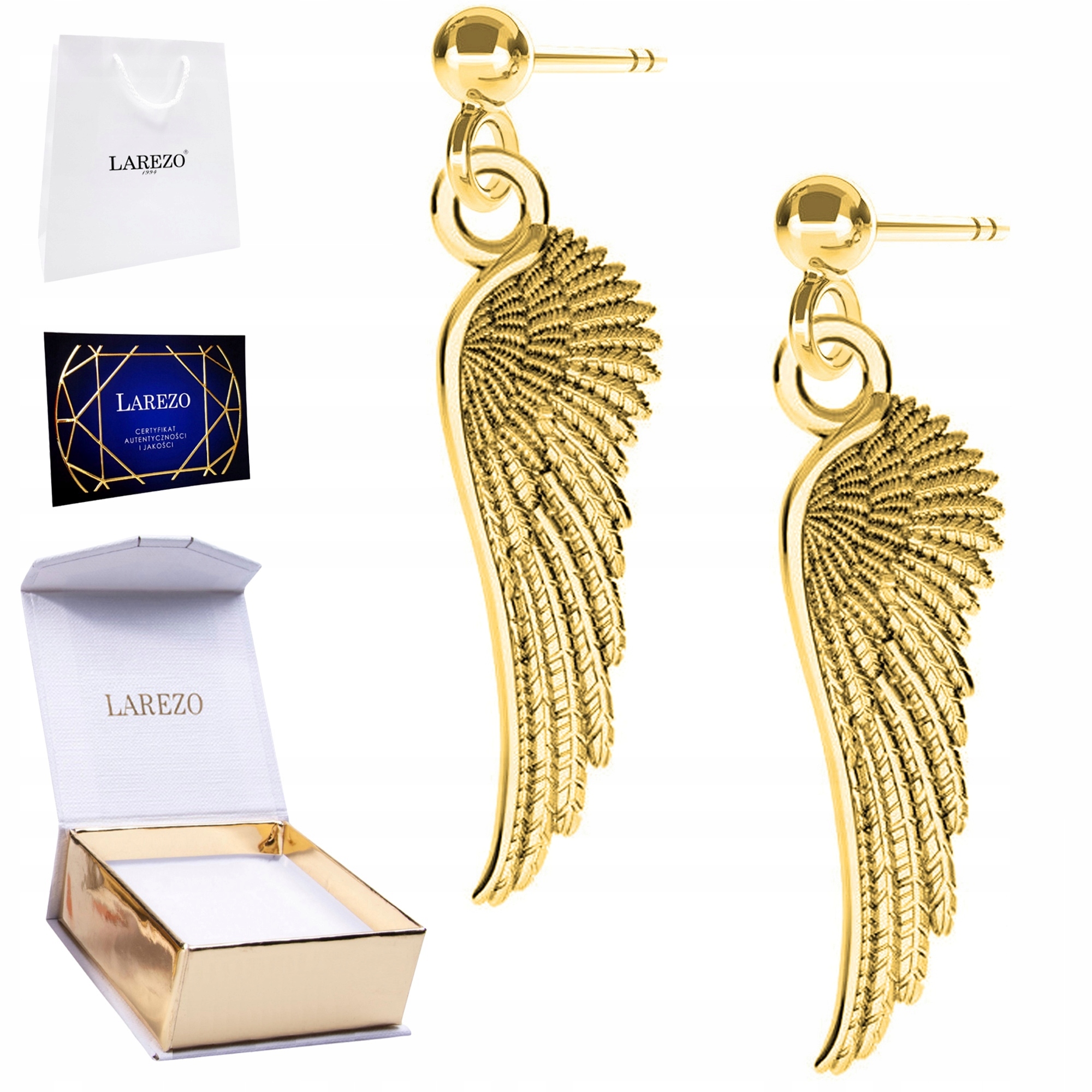 Lesklé zlaté Náušnice 925 Andělské křídlo Andělská křídla Pozlacené 585