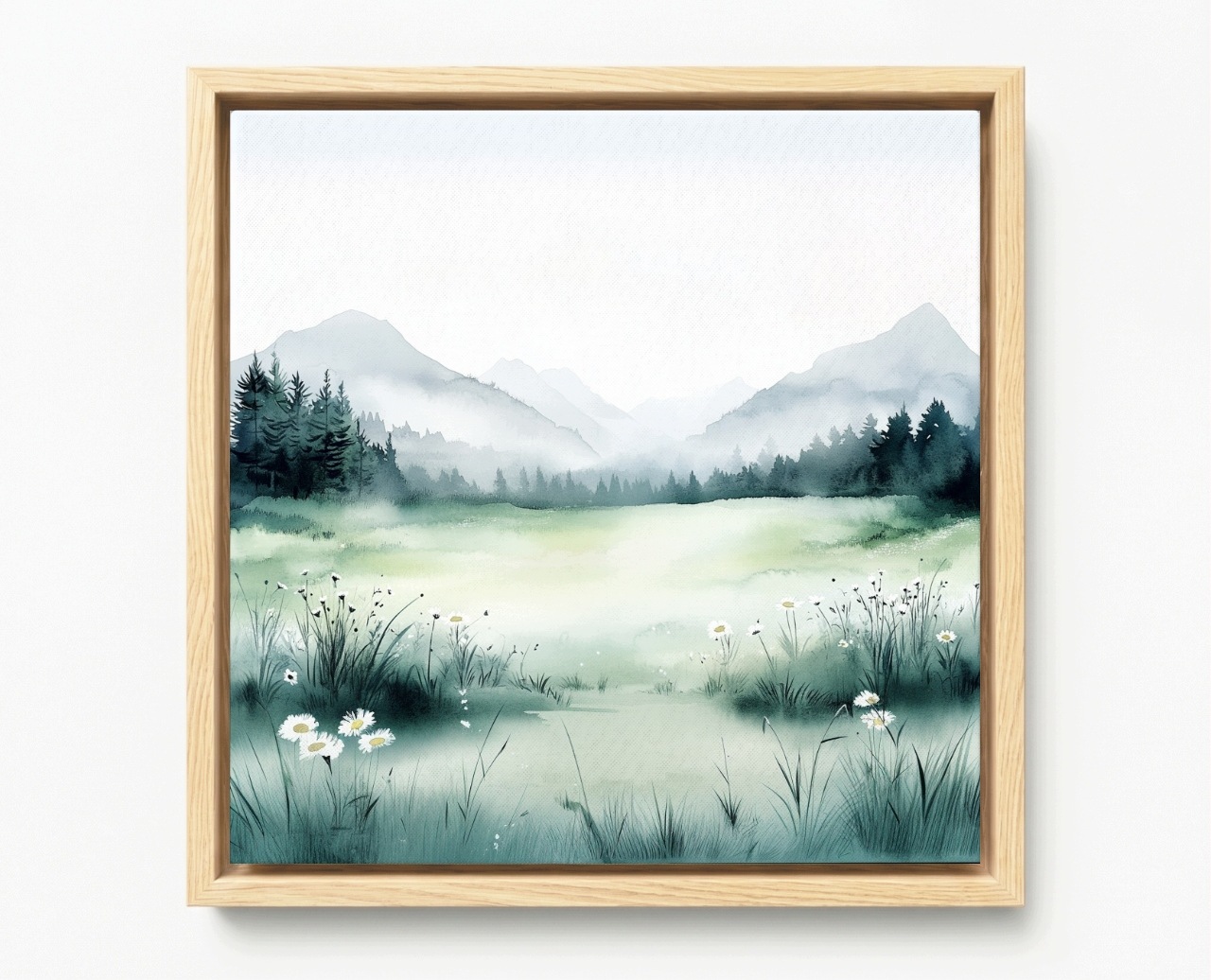Obraz Rám Americký Box Akvarel Krajina Hory Louka Květiny Jaro Mlha 50x50