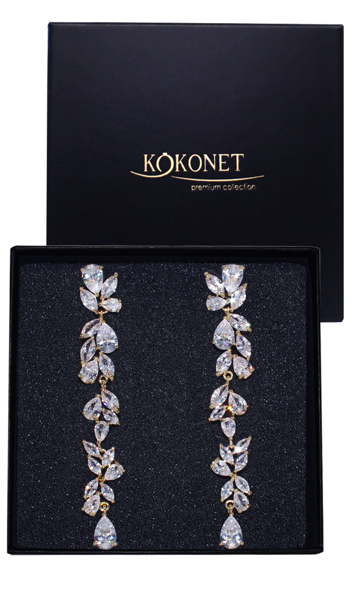 Náušnice zlaté dlouhé s lístky zirkonů Svatební elegantní