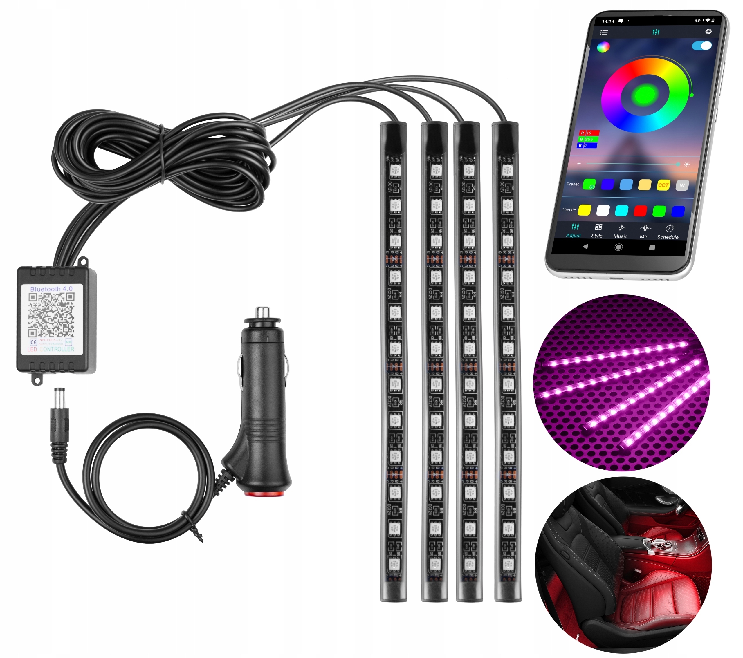 OŚWIETLENIE LED RGB WNĘTRZA AUTA KABINY SAMOCHODU