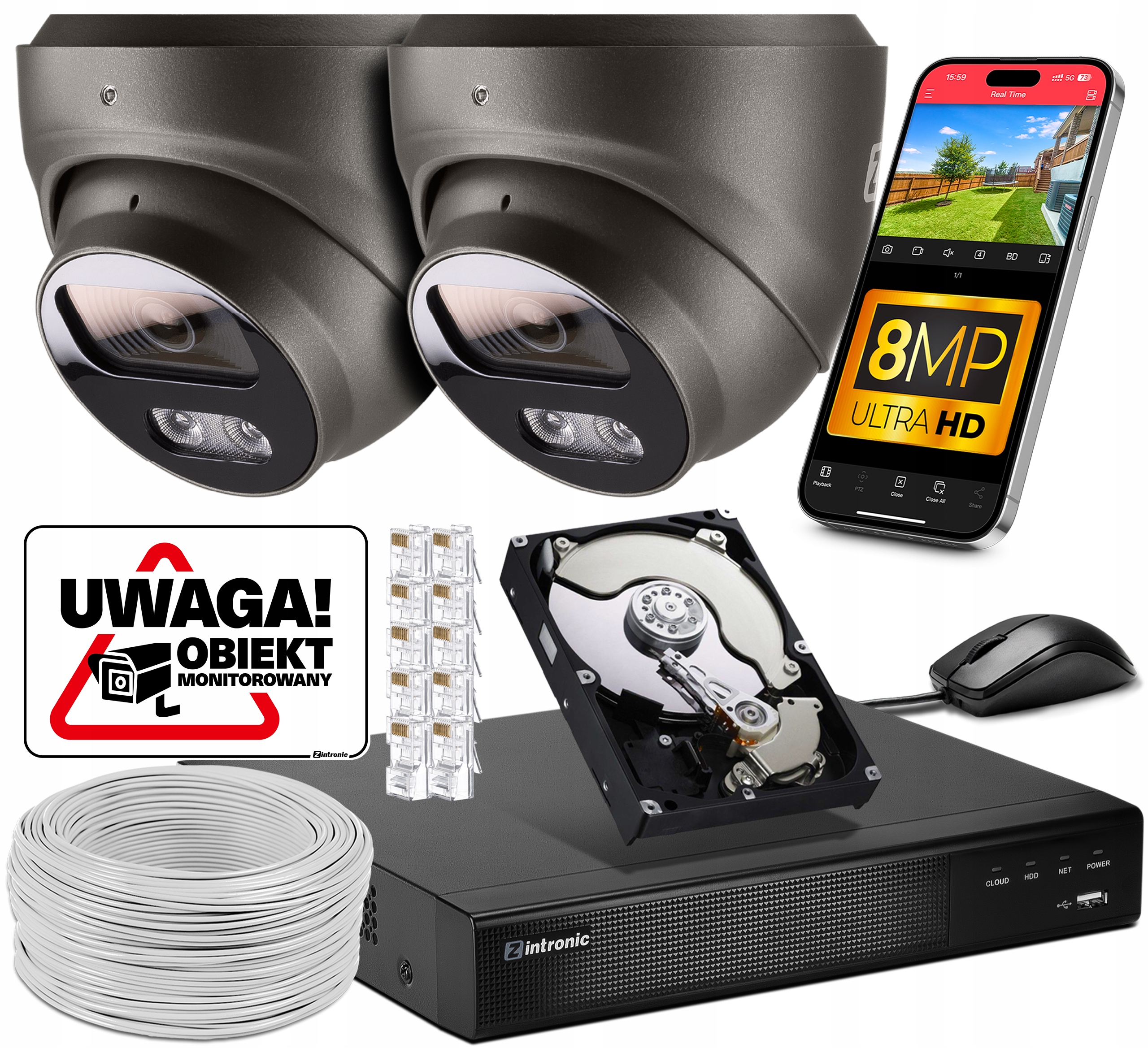 Sada Monitoring 2 kamer Poe 4K Ultra Hd 8Mpx Šedé kopule Detekce