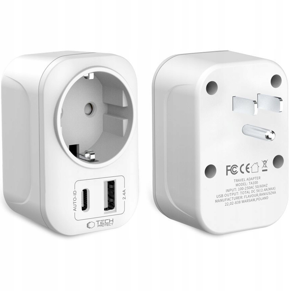 Adapter podróżny Tech-protect TA100 (Stany Zjednoczone - Europa) biały
