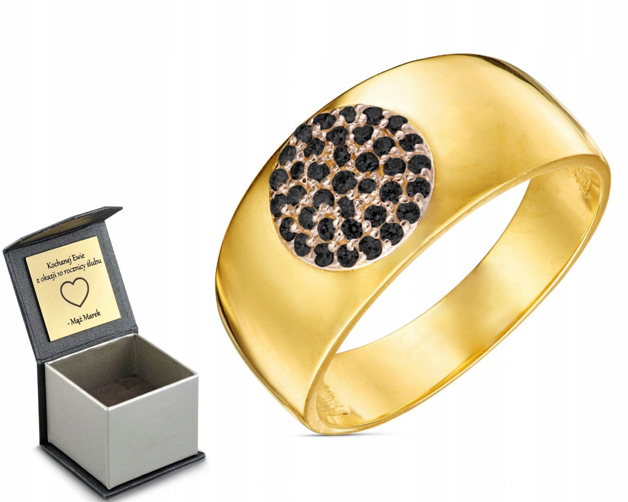 Zlatý Prstýnek S Kroužkem A Černými Zirkony, Široký, Plochý Prsten