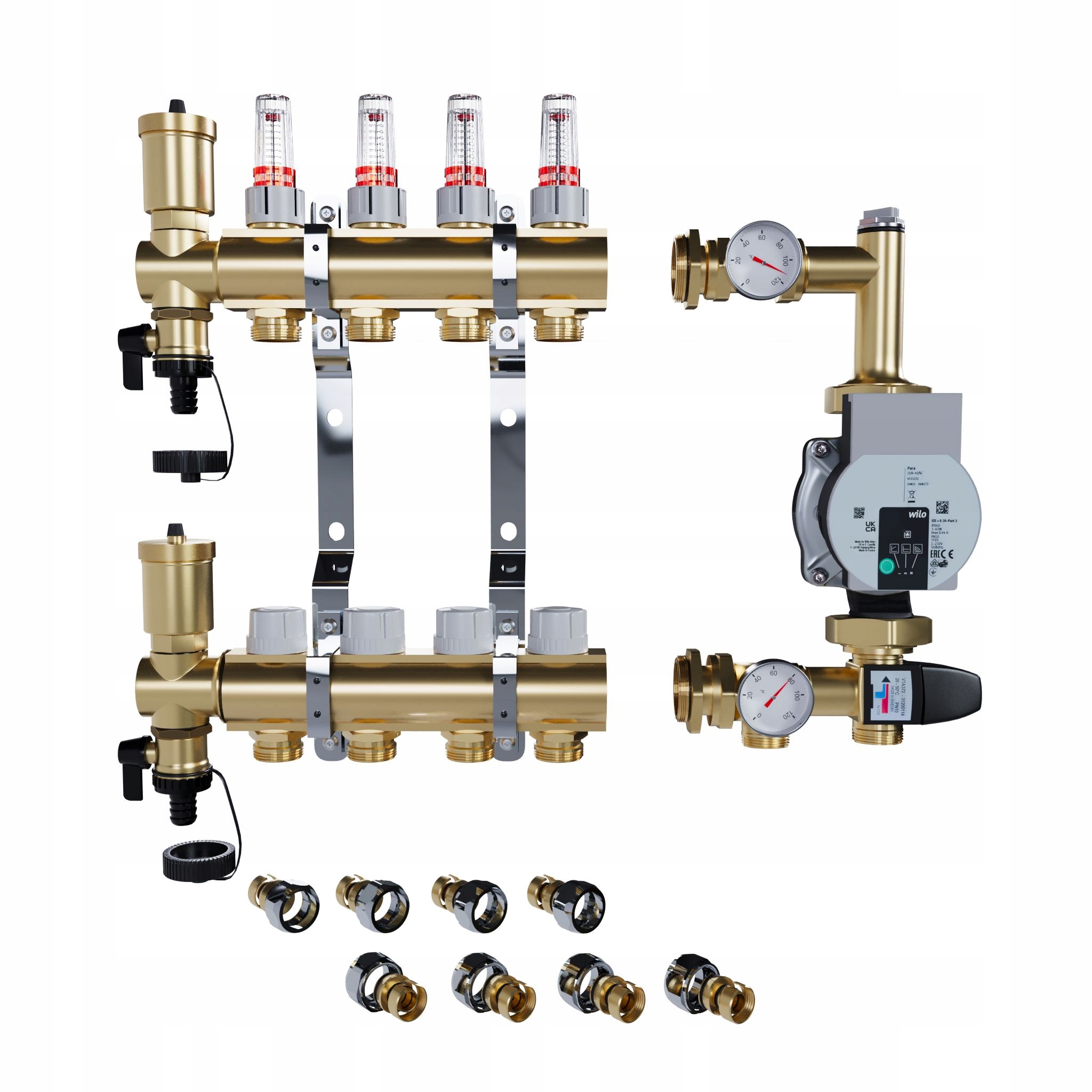 Rozdělovač pro podlahové topení 4 sekce Spojky Pex Čerpadlo Wilo