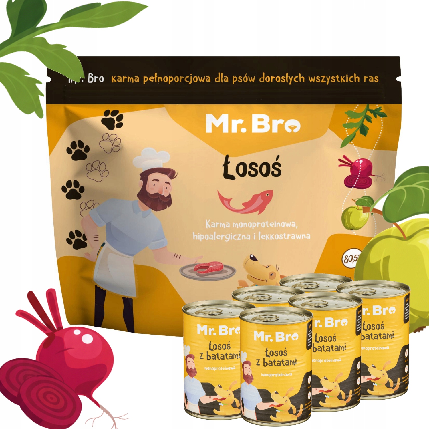 Sada Mr. Bro – monoproteinové suché a Vlhké Krmivo pro dospělé psy s lososem