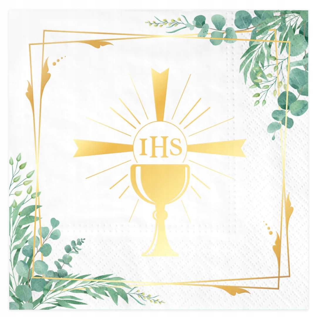SERWETKI KOMUNIA ŚWIĘTA IHS eukaliptus złoty kielich hosita x10