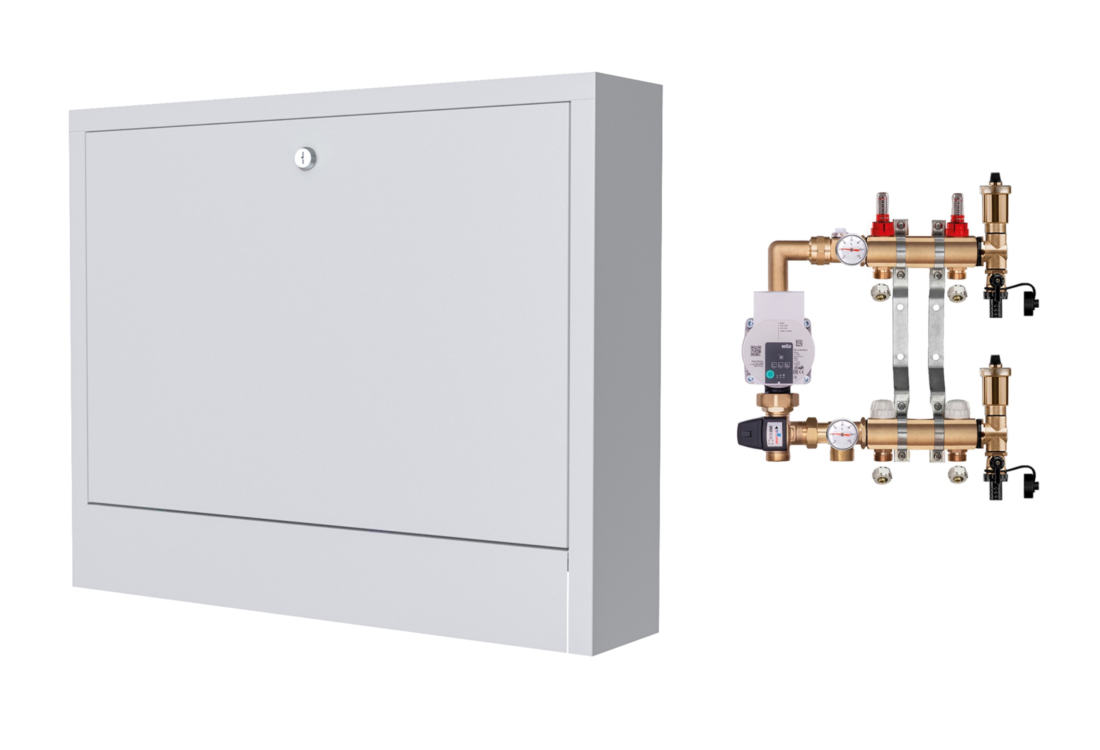 Mosazný Rozdělovač Pro Podlahovku 2 S Čerpadlem Wilo+nástěnná Skříňka+pex