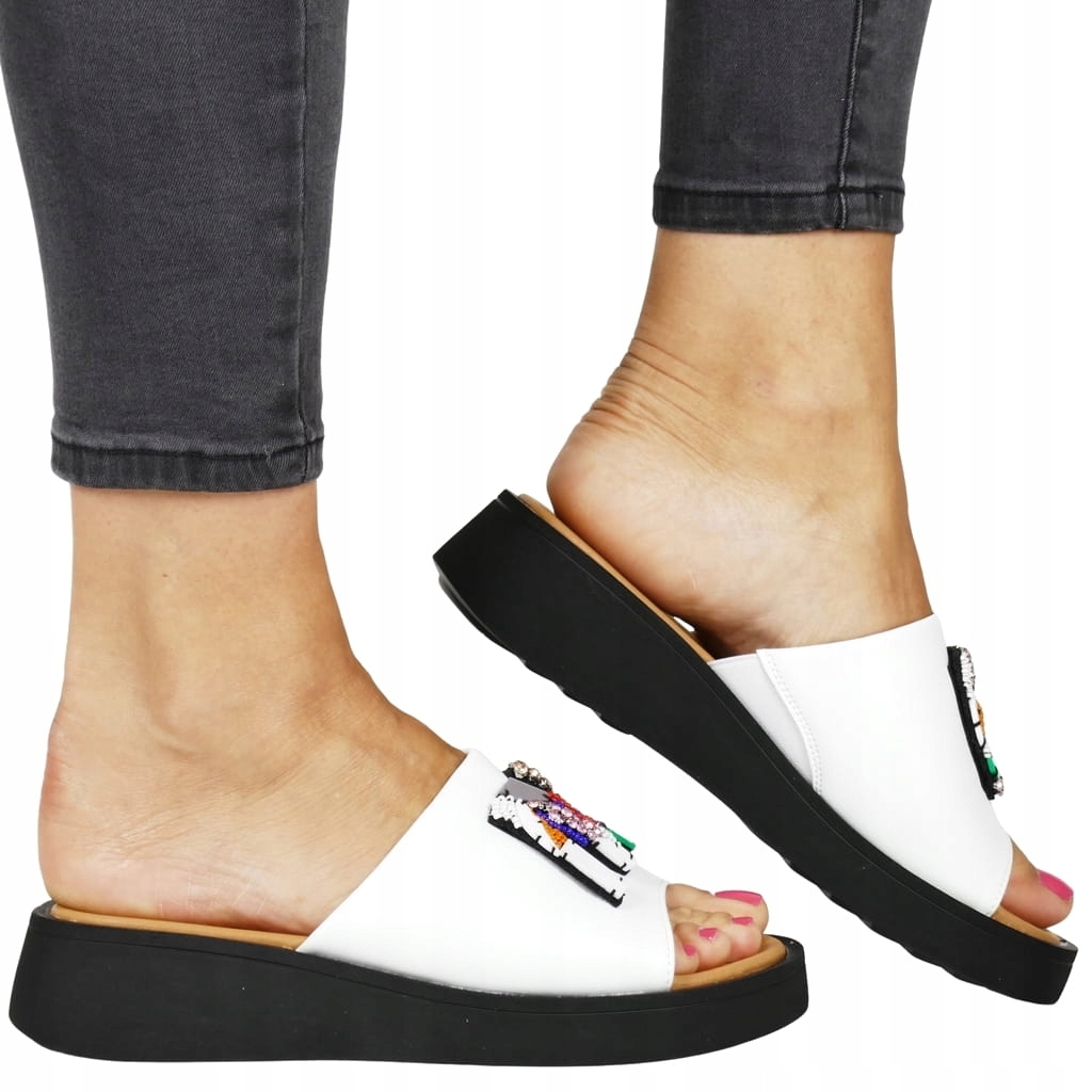 Dámské Žabky Na Koturně S Platformou, Bílé, Elegantní Kůže