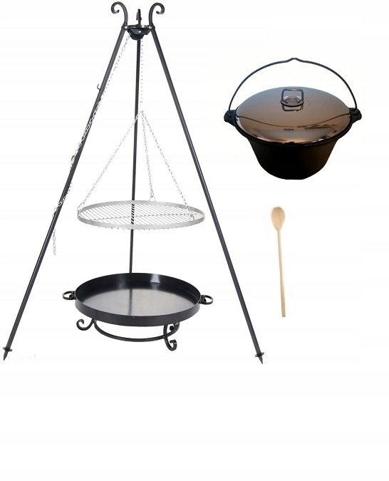 Gril XXL Nerezový rošt 80 trojnožkový kovaný litinový kotlík 8 l s víkem