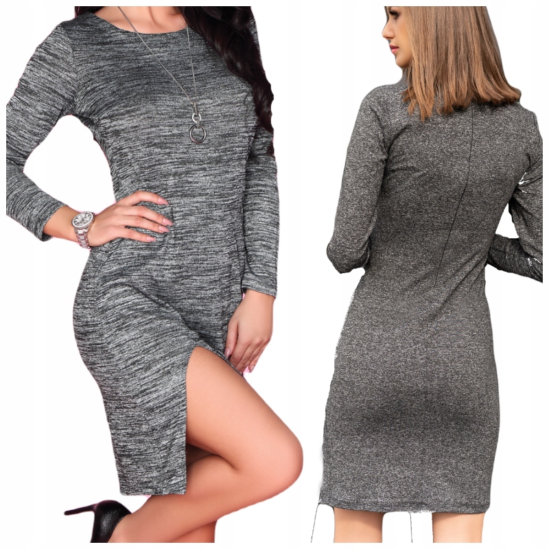 

Dopasowana sukienka szara melanżowa z rękawem L