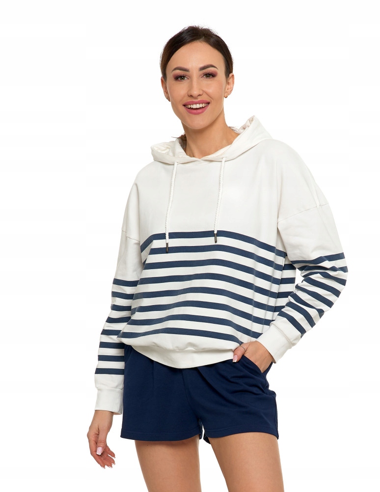 Bluza Damska Dresowa Bawełniana Z Kapturem W Paski Ecru Moraj 3XL