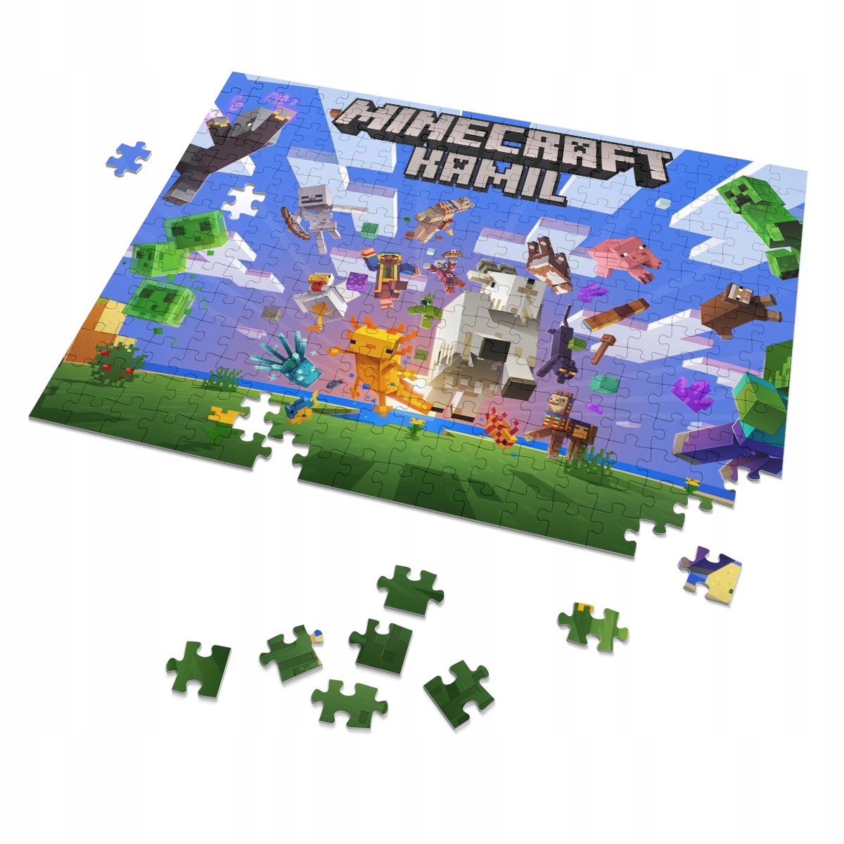Puzzle + IMIĘ + pudełko MINECRAFT A4 70 el