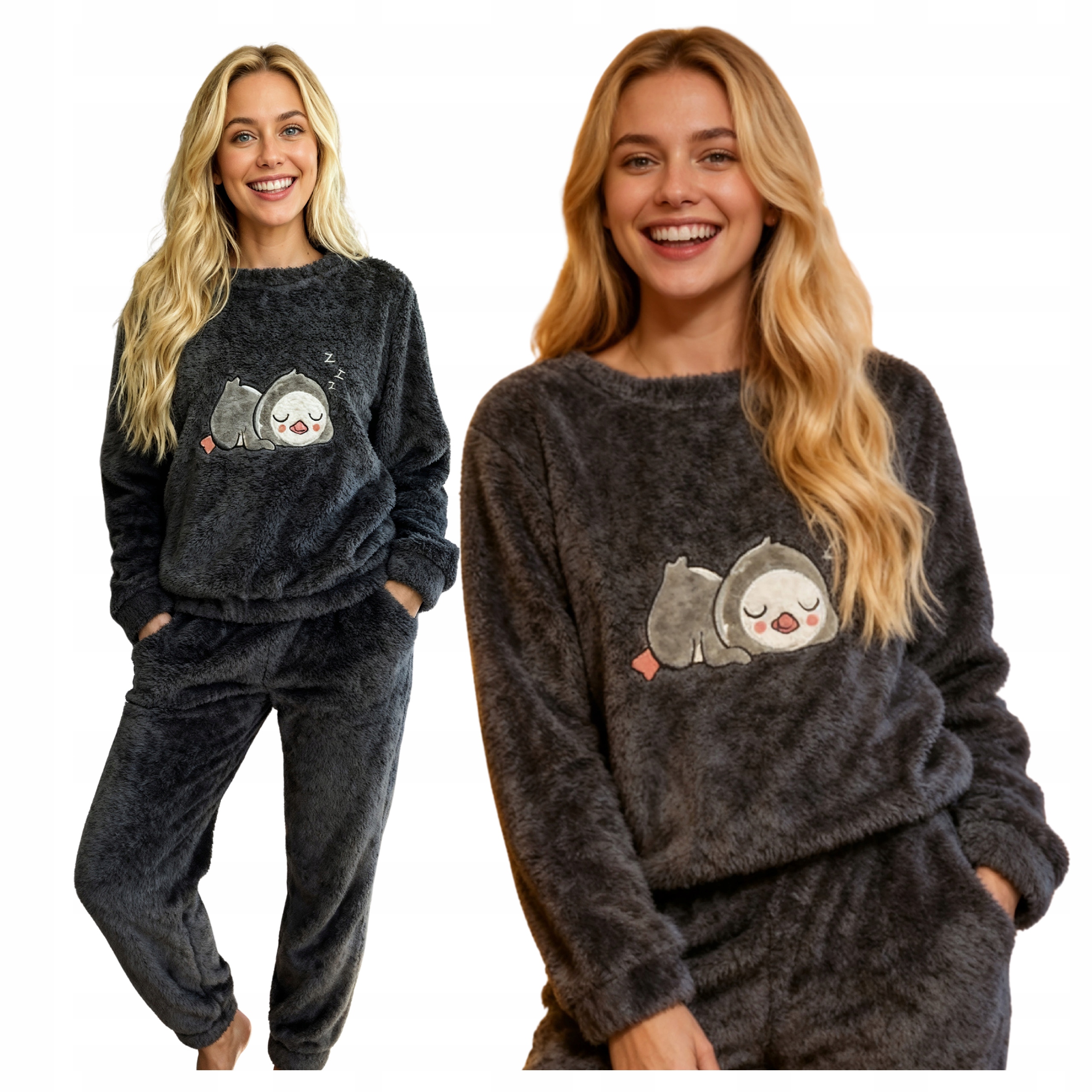 Polarowa Piżamka Damska Ocieplana z Haftem i Kieszeniami Pingwin Grafit XXL
