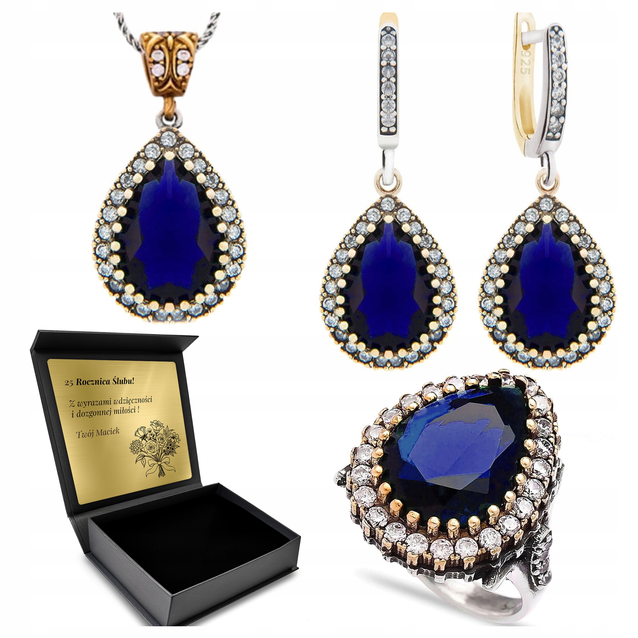 Sada Stříbrných Šperků 925 Se Zirkony A Safírem Valentýn Gravírování