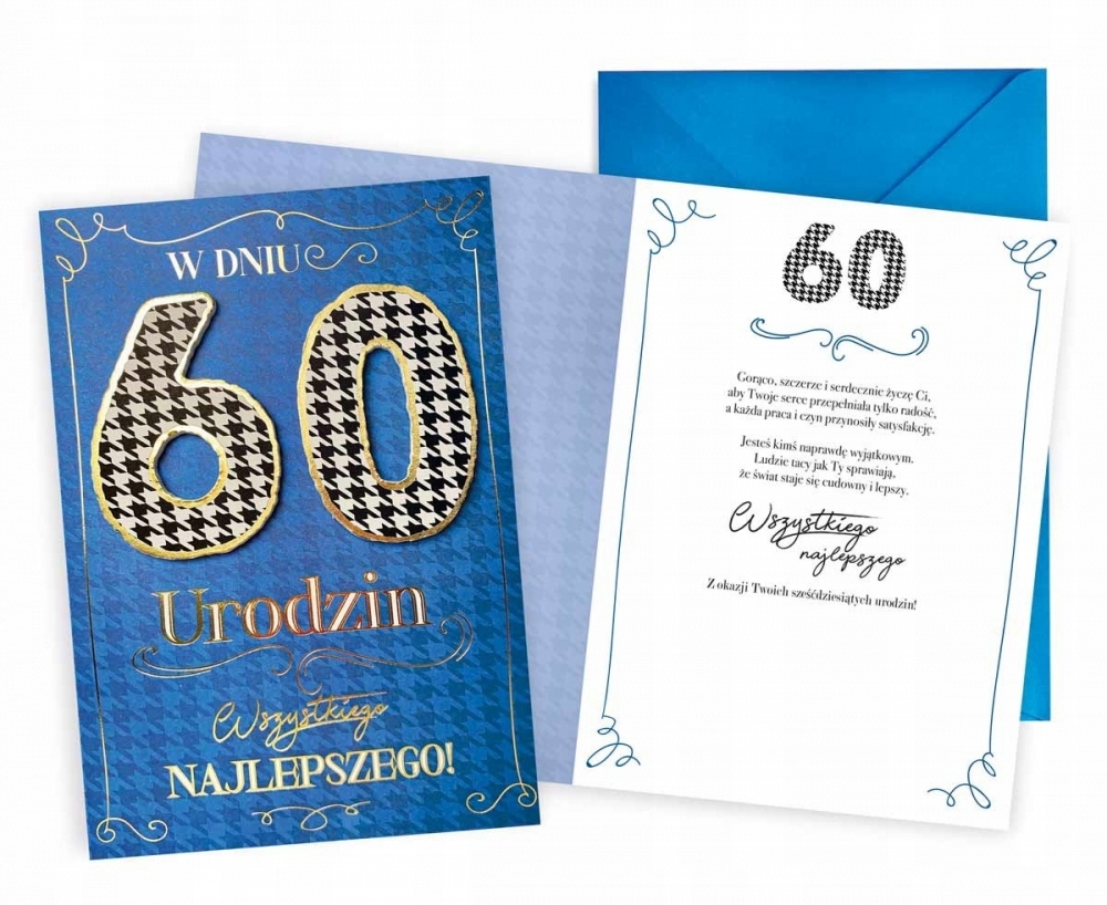 KARNET URODZINOWY 60 lat z kopertą NIEBIESKI kartka na 60 URODZINY ozdobna