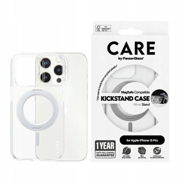 Pouzdro Care od společnosti PanzerGlass Kickstand Case MagSafe pro iPhone 15 Pro stříbrné