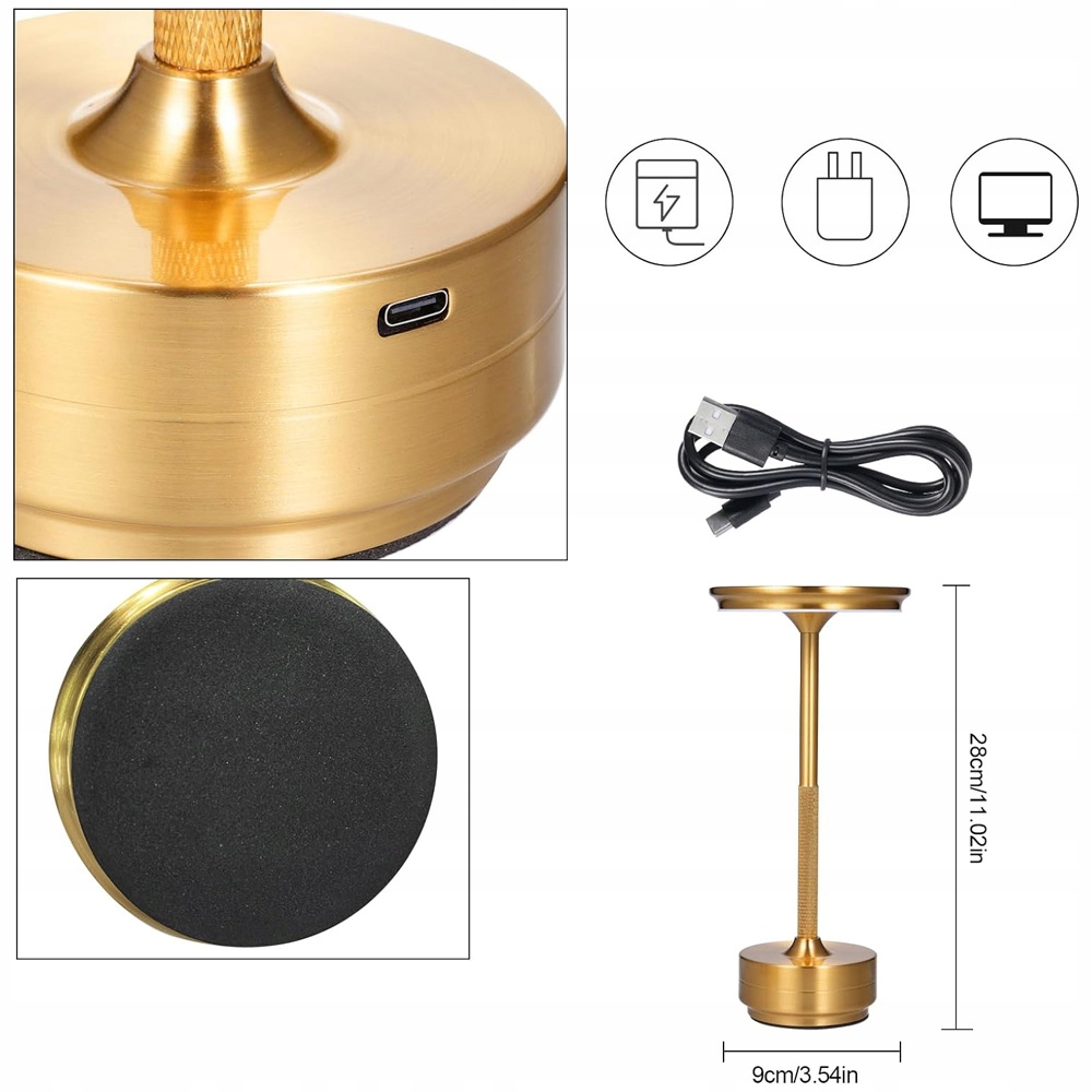 LAMPKA NOCNA LED STOŁOWA DOTYK USB AKUMULATOR STOJĄCA ŚCIEMNIACZ PRZENOŚNA Długość/wysokość 28 cm