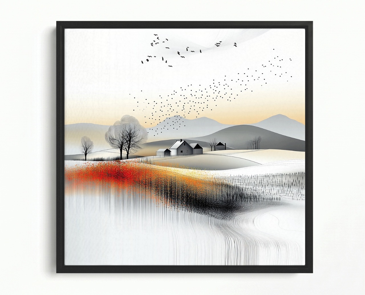 Obraz Rám Americký Box Krajina Hory Kopce Vesnice Pole Květiny Ptáci 60x60