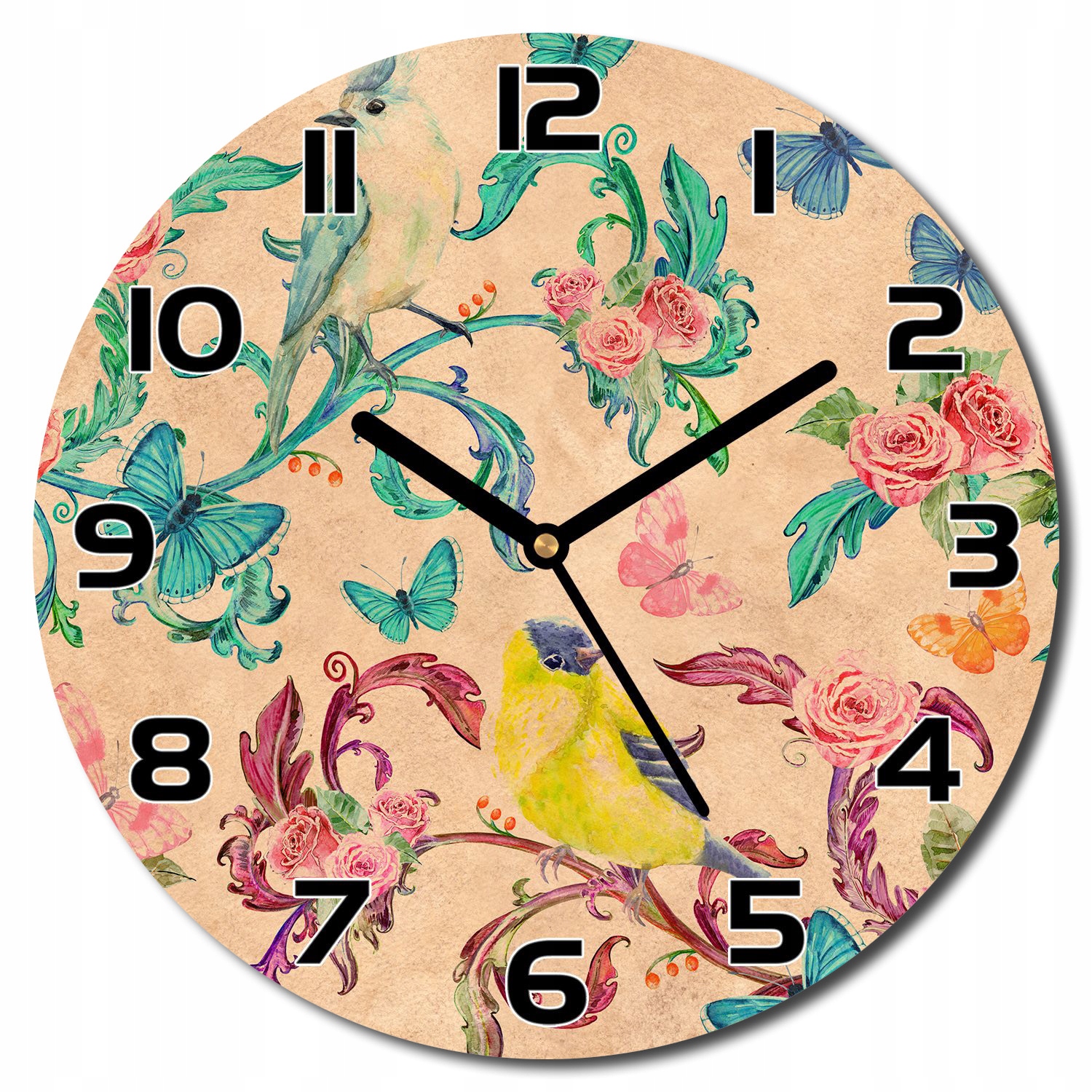 

Cichy zegar ze szkła Ptaki motyle i kwiaty f30cm
