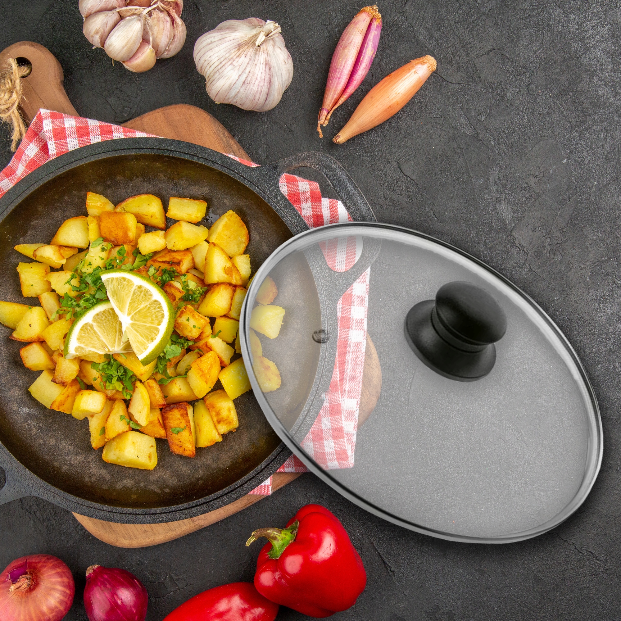 SZKLANA POKRYWKA DO GARNKA PATELNI RONDLI 26 CM Z DZIURKĄ UNIWERSALNA EAN (GTIN) 5906280631758