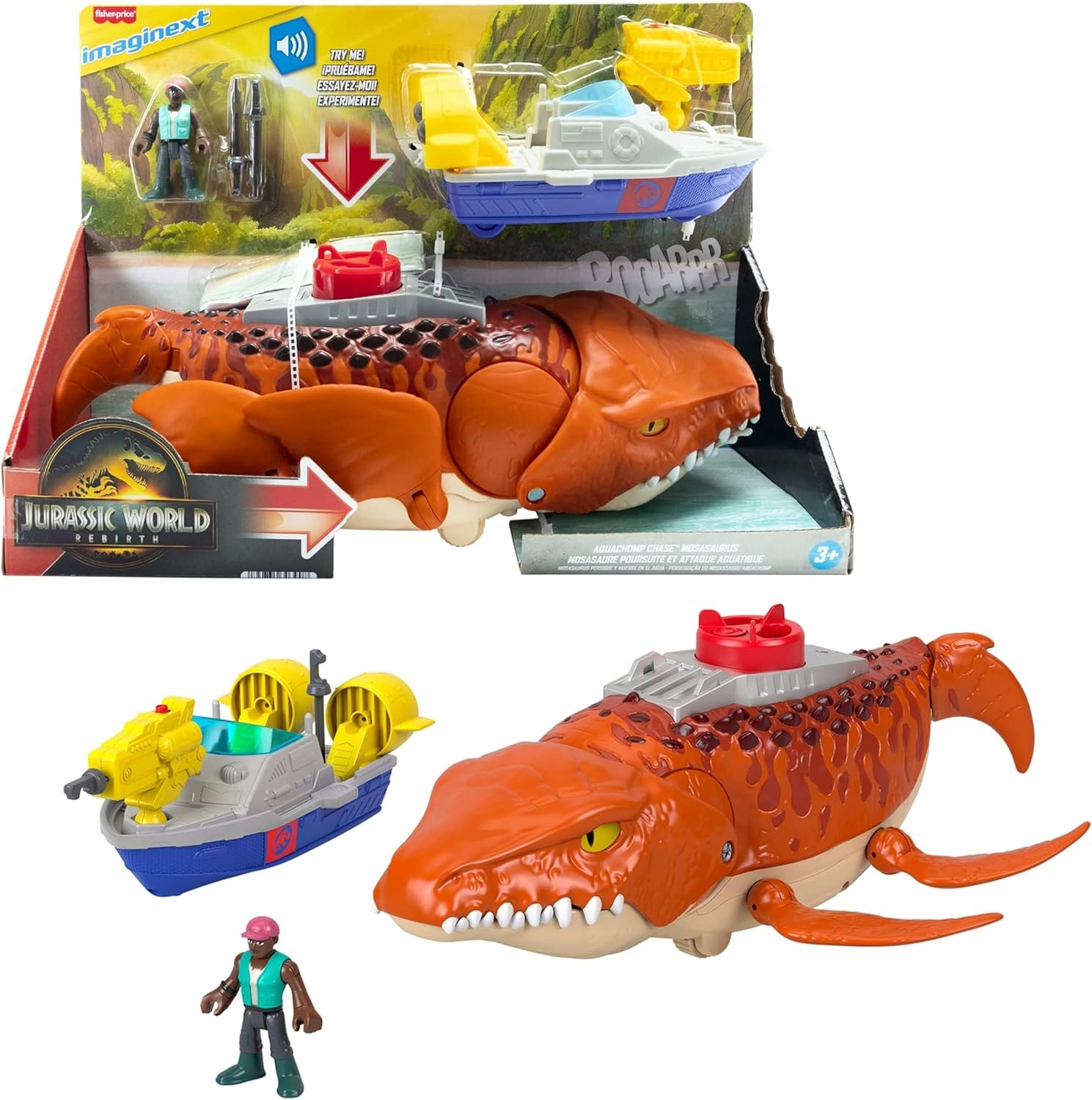 Fisher-Price Imaginext Jurassic Mosasaur 46cm Łódź Dźwięk JFR23 dinozaur