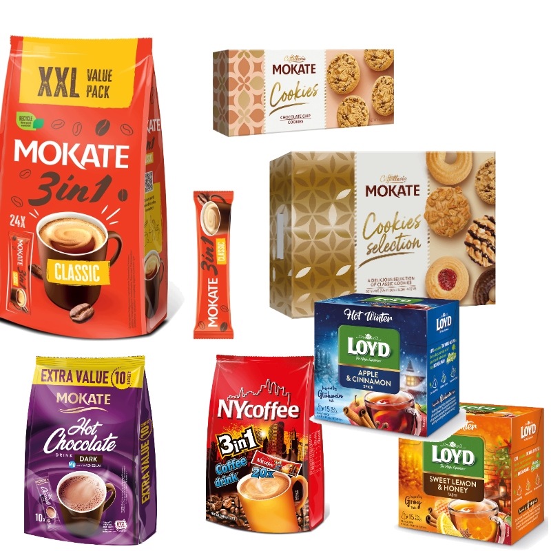 Mokate kawa herbata czekolada ciastka napoje zimowe zestaw mix produkt