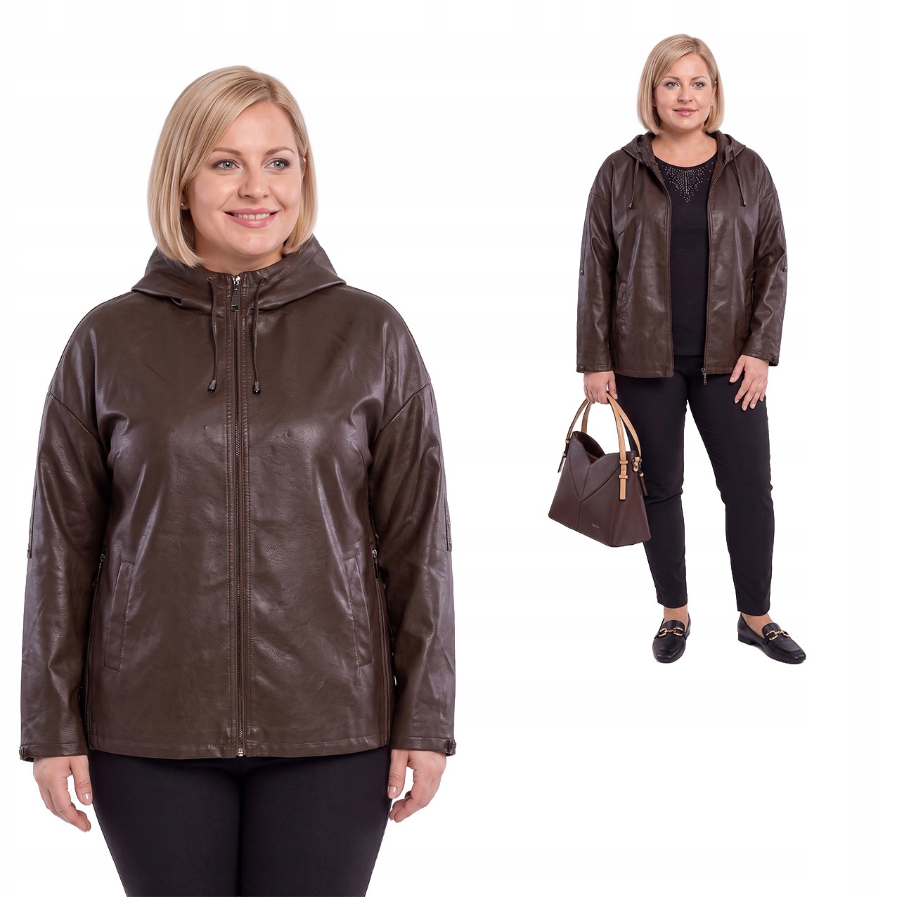 Hnědá bunda z ekokůže s kapucí plus size velikost 58
