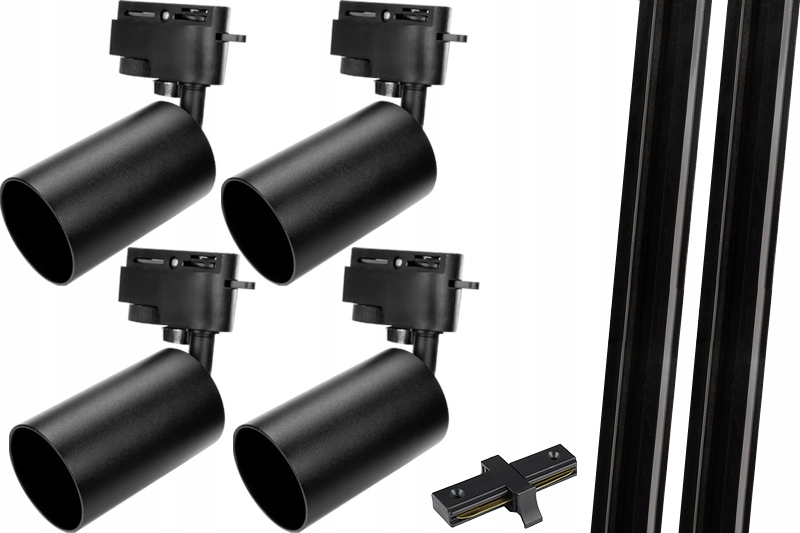 OŚWIETLENIE LED SZYNOWE REFLEKTOR NA SZYNIE 4x LAMPA GU10 LED + LISTWA 2m Kod producenta SzynoweGU10BK&ShopTrack_BK_2m