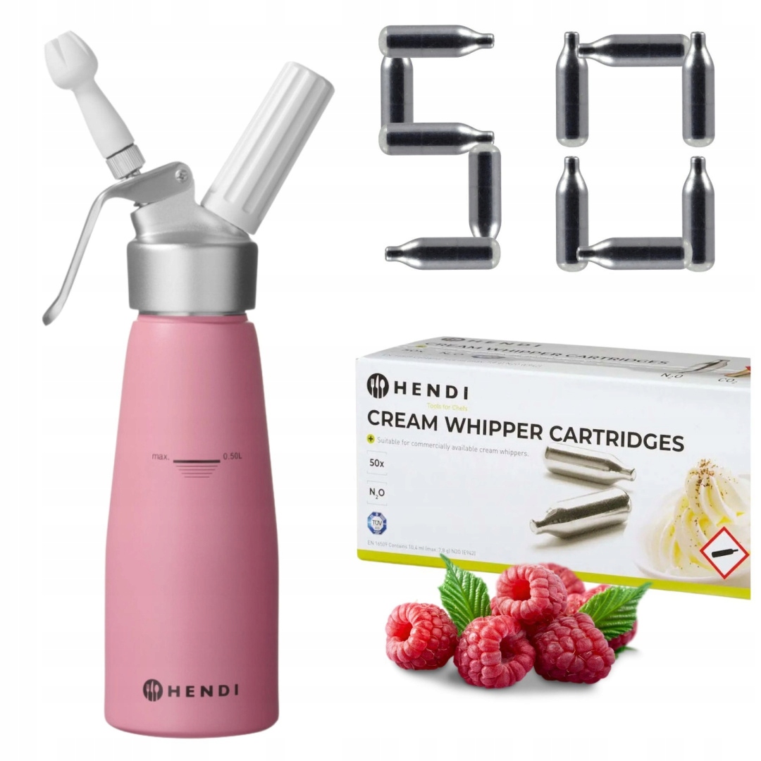 Růžový pastelový sifon na šlehačku 0,5 l 50 nábojů Hendi 975886