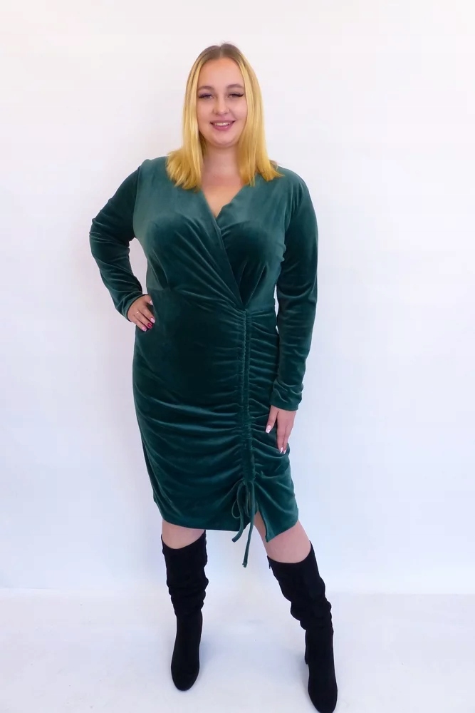 Velurová Šaty Midi s řasením zvýrazňující pas Zeleň Uni