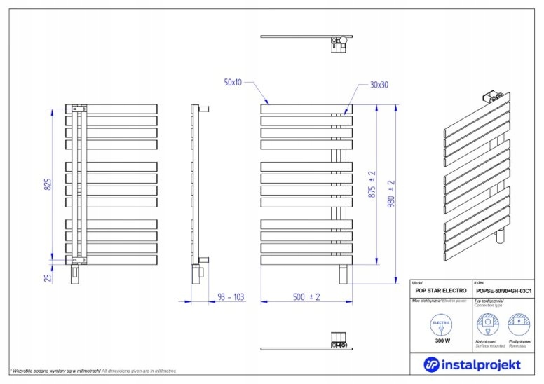 INSTAL PROJEKT POP STAR grzejnik elektryczny 50x90 Wysokość 875 mm