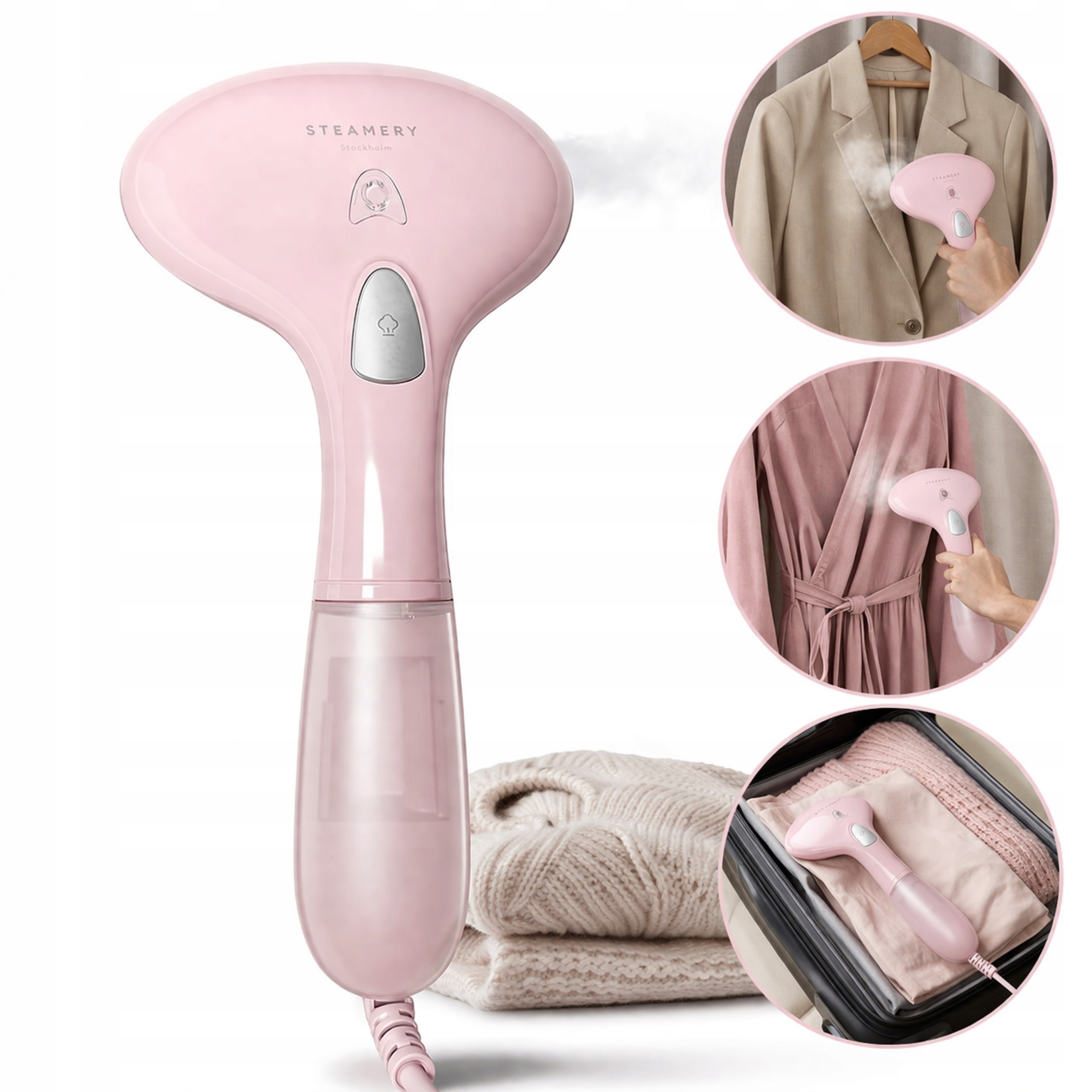 Ruční napařovač oděvů růžový 1500 W 90 ml rychlé předehřívání 30 s