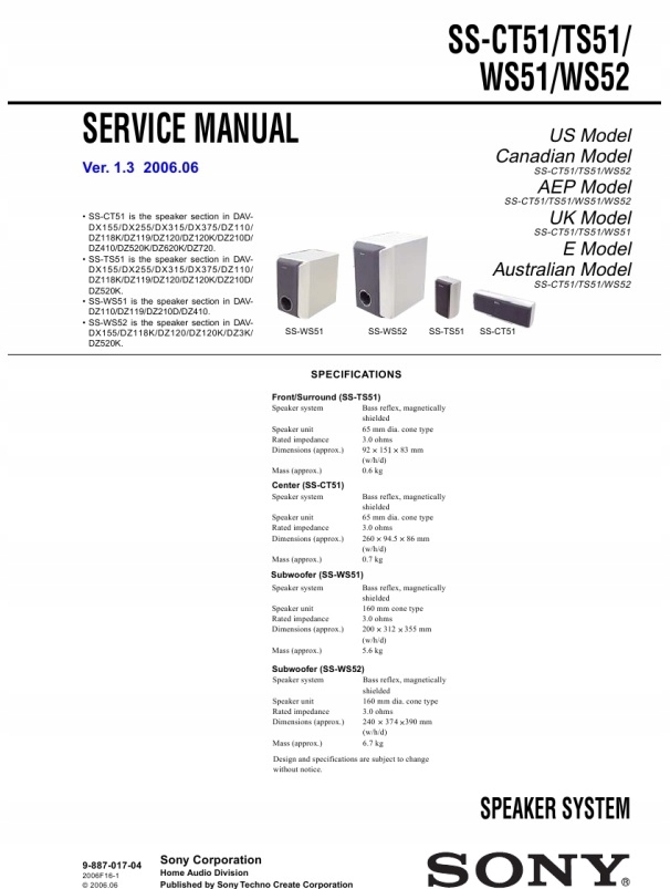Zestaw 5.1 SONY SS-WS52, SS-WS51, SS-TS51, SS-CT51 Kolor srebrny