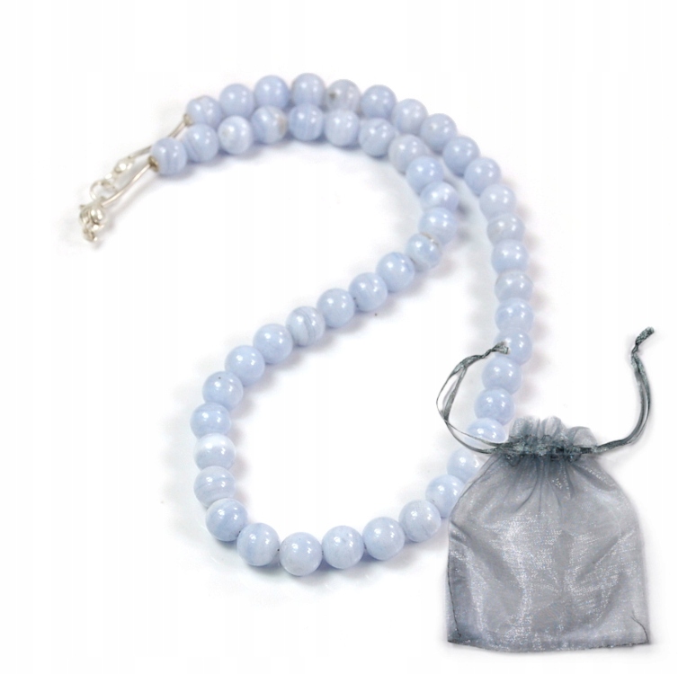 Naszyjnik damski niebieski Agat Chalcedon gładkie kulki 8mm srebro 925