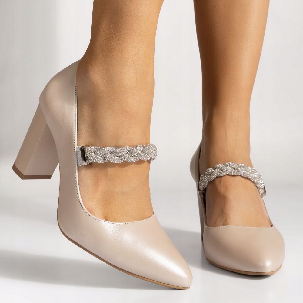 Světle Béžové Elegantní Lodičky Na Podpatku S Copánkem A Zirkony 41