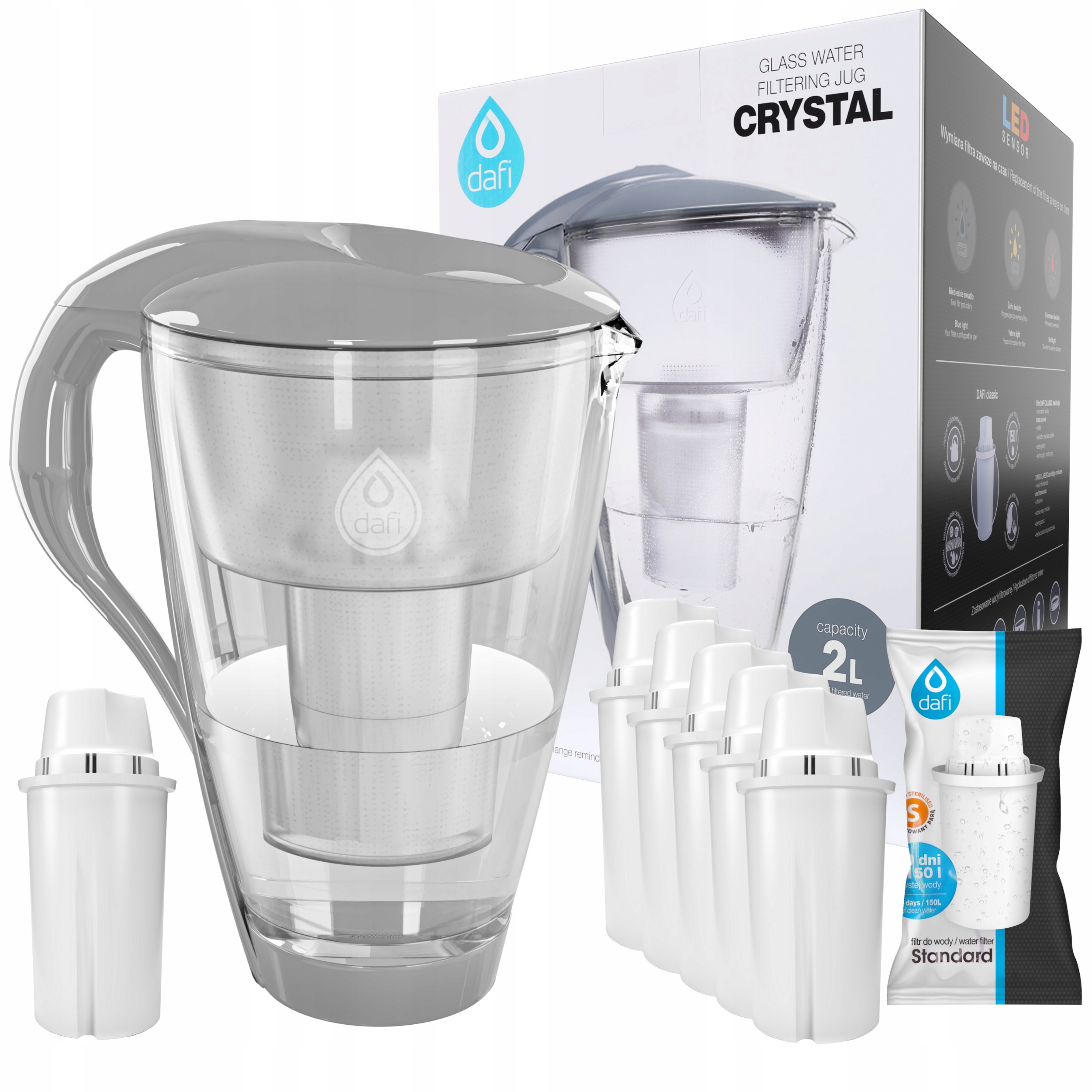 DZBANEK SZKLANY DAFI SZARY + 6x WKŁAD CLASSIC