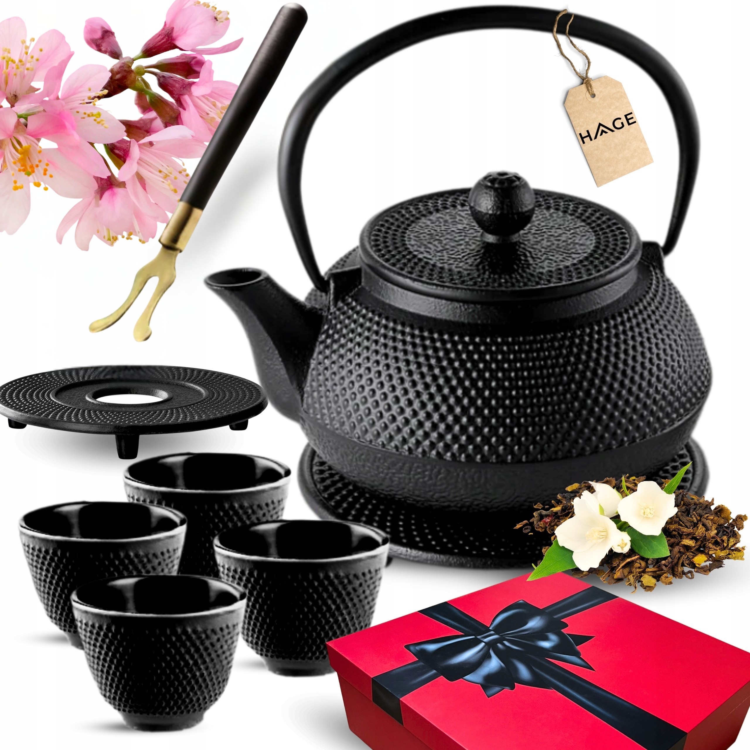 Czajnik Żeliwny Emaliowany Imbryk Zaparzacz Do Herbaty 0,9L Z 4 Czarkami