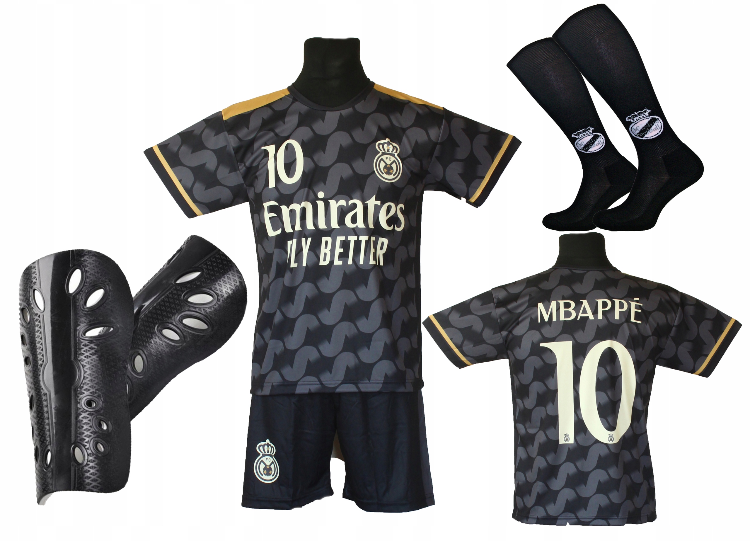 Fotbalová souprava Mbappe černé tričko, kraťasy štulpny chrániče holení 128