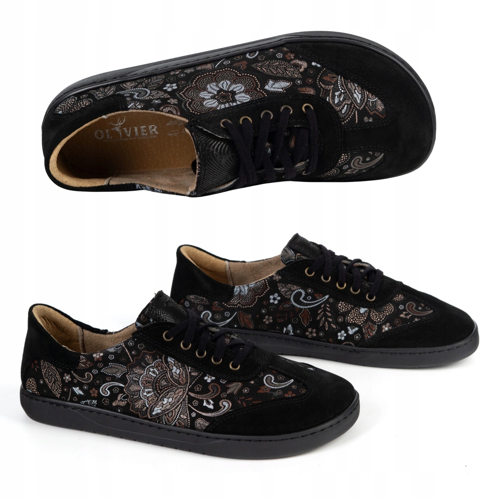 Dámské kožené barefootové boty Olivier Eliza černé květy 43